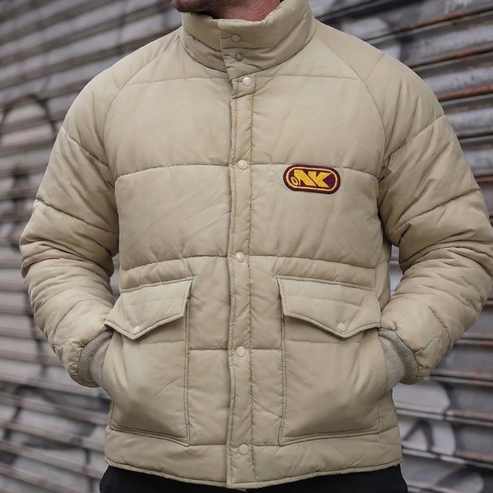 Vintage K-Brand Tan Puffer Jacket‎ XL Made in USA NK Patch Quilted Winter Coat